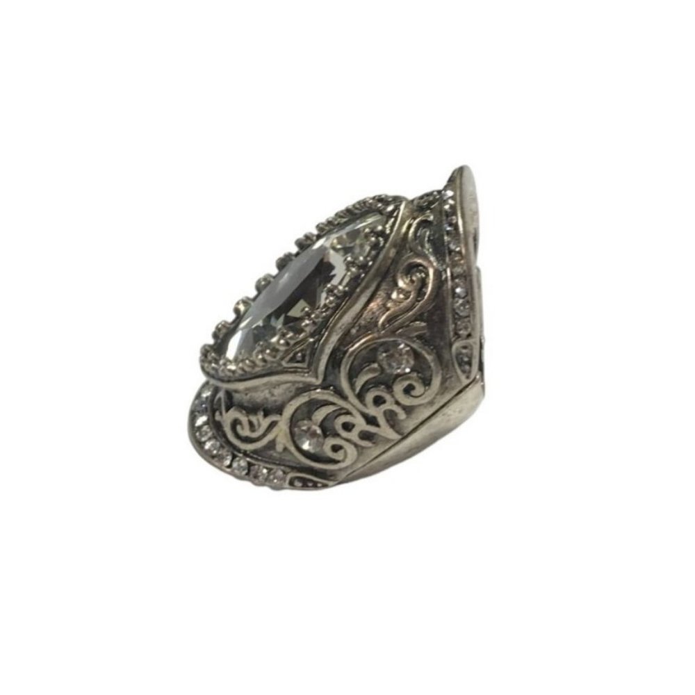 Western Style Full Finger Knuckle Joint Stretch Ring Silver Tone and Rhinestone - Picture 7 of 8
